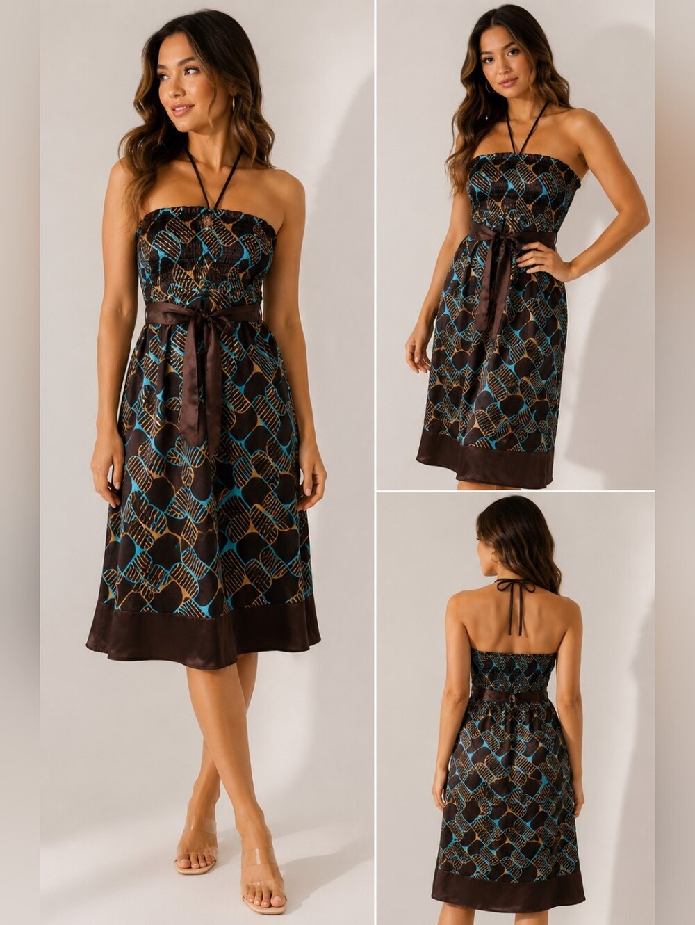 Y2K Brown & Aqua Halter Midi Dress – Small